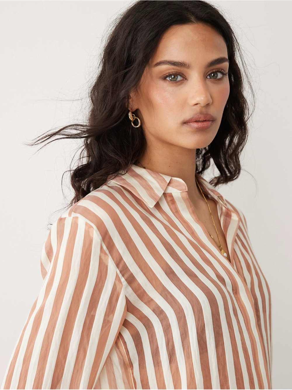 Zara Sheer Striped Button Up Blouse Medium Blush Cream Relaxed M - Picture 11 of 11